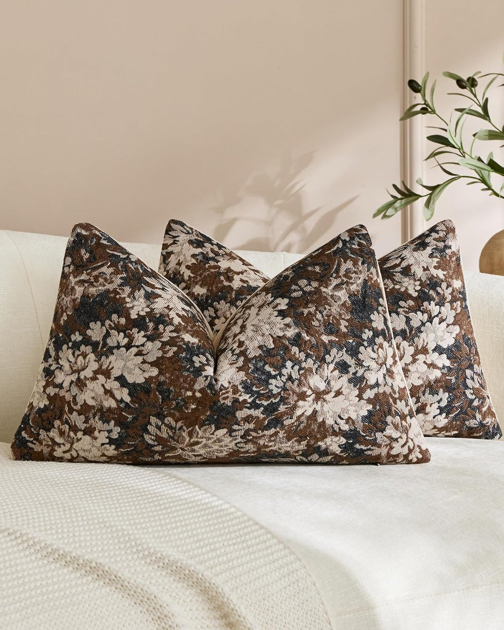 Vintage Botanical Chenille Cushion Covers - Twin-Pack - Brown, 30cm x 50cm