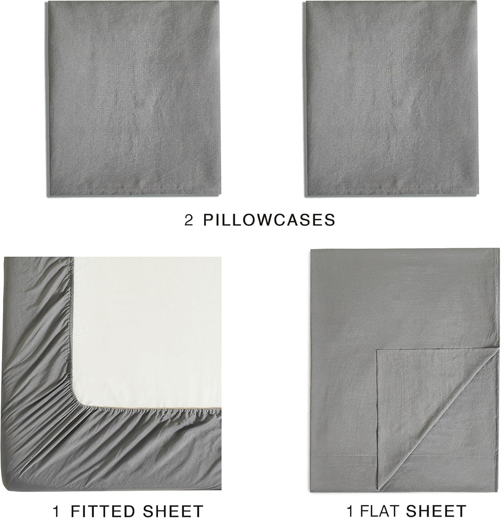 Vintage Washed Microfibre Sheet Set with Pillowcases - Grey