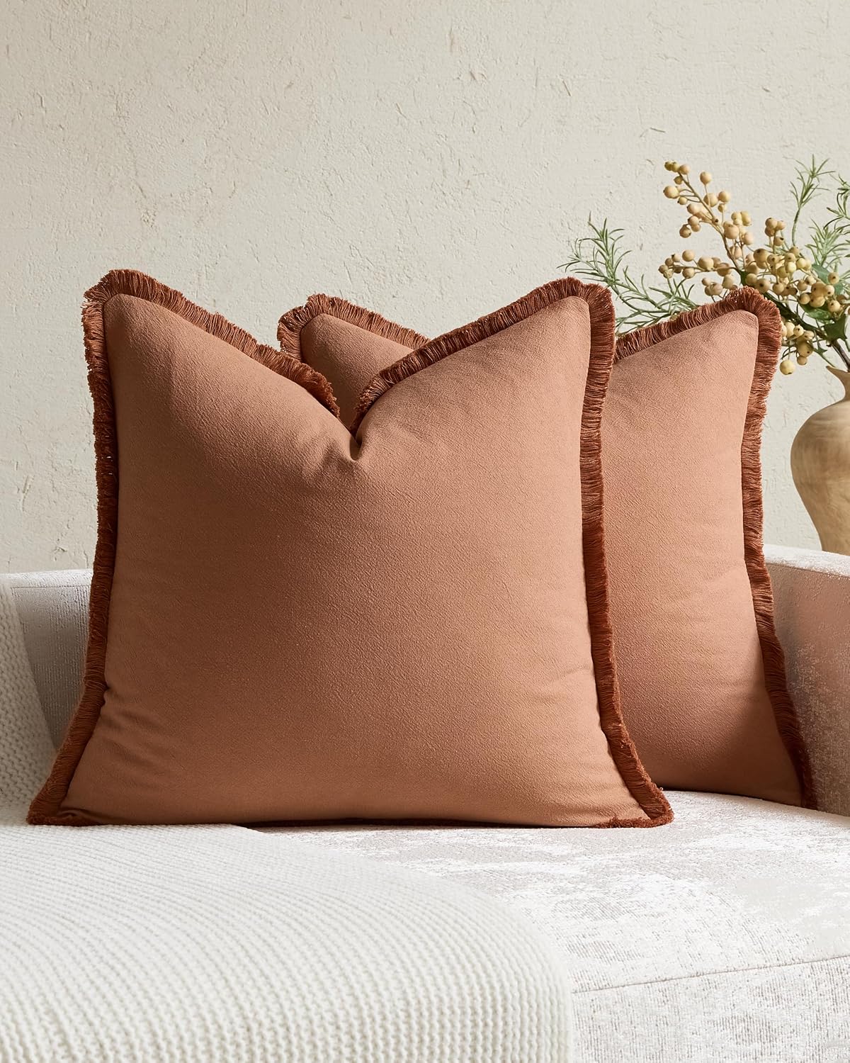Linen-Cotton Cushion Covers with Tassels, Set of 2, Terracotta, 45x45cm