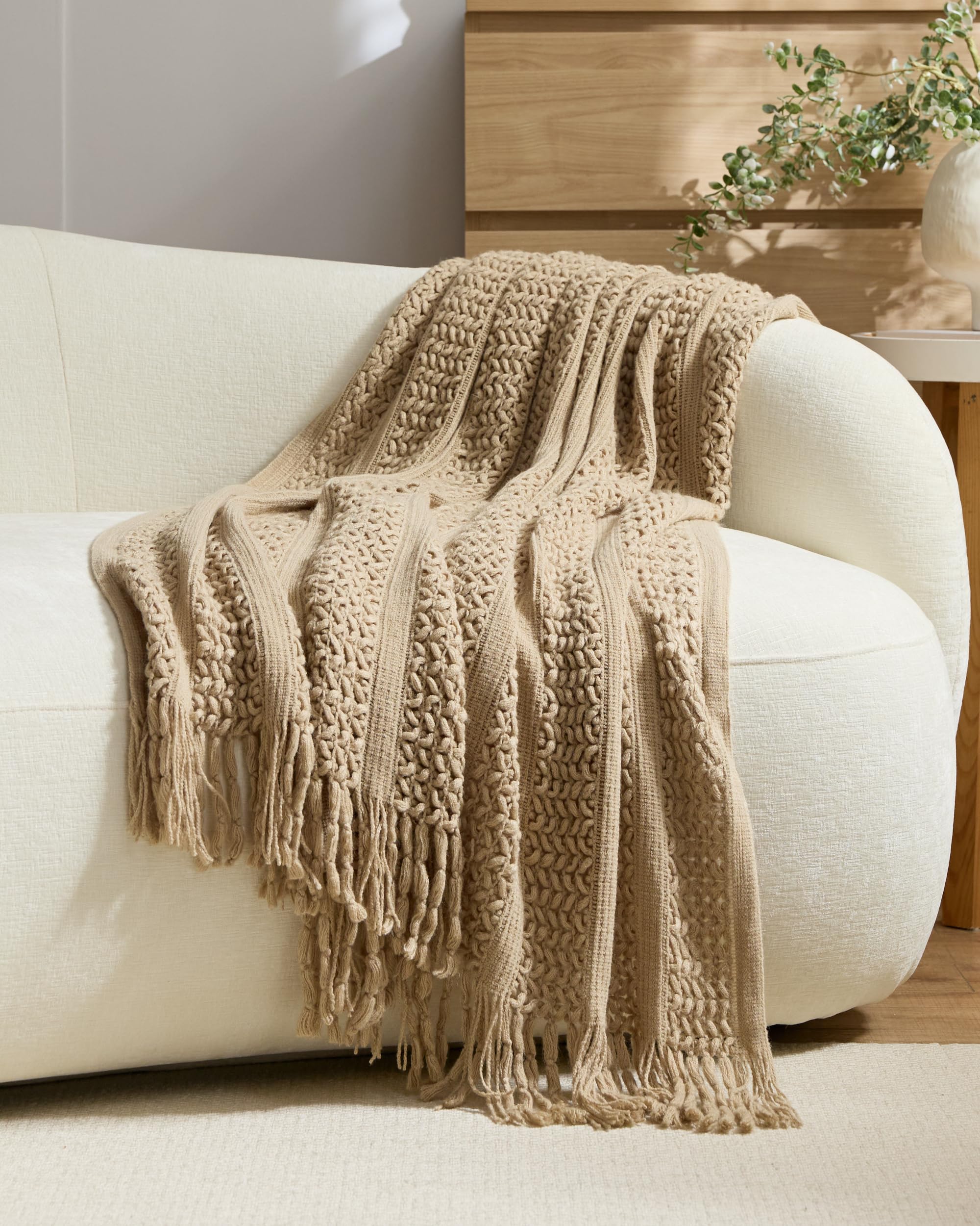 Boho Open-Knitted Throw - Natural, 130x170cm