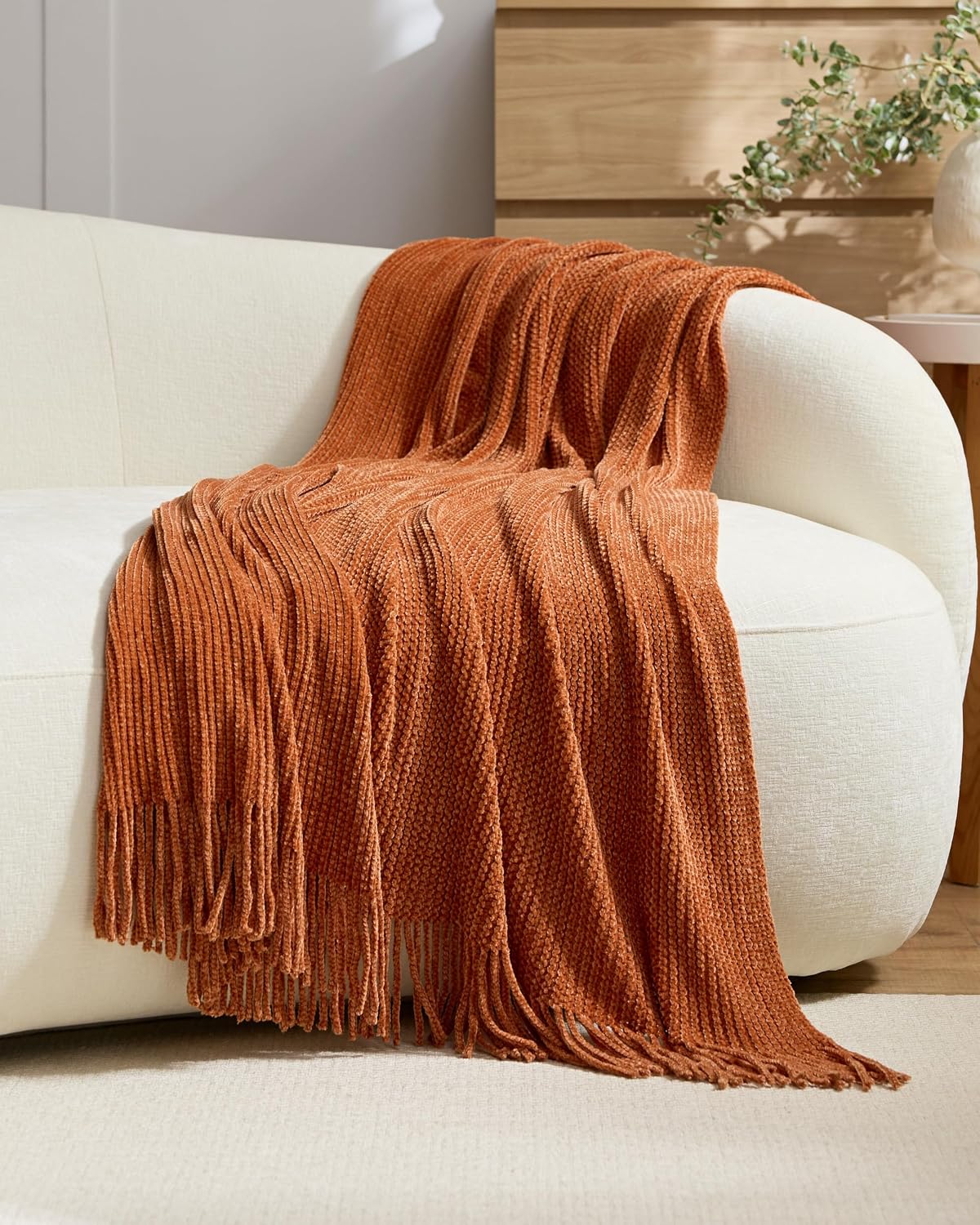 Chenille Knitted Throw - Terracotta, 130x170cm