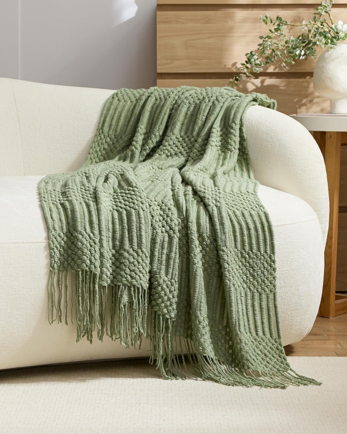 Bobble Textured Knitted Throw - Sage Green, 130x170cm