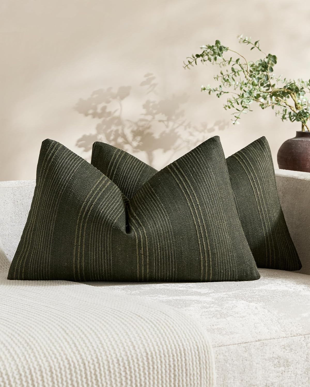 Linen Blend Striped Cushion Covers, Set of 2, Olive, 30x50cm