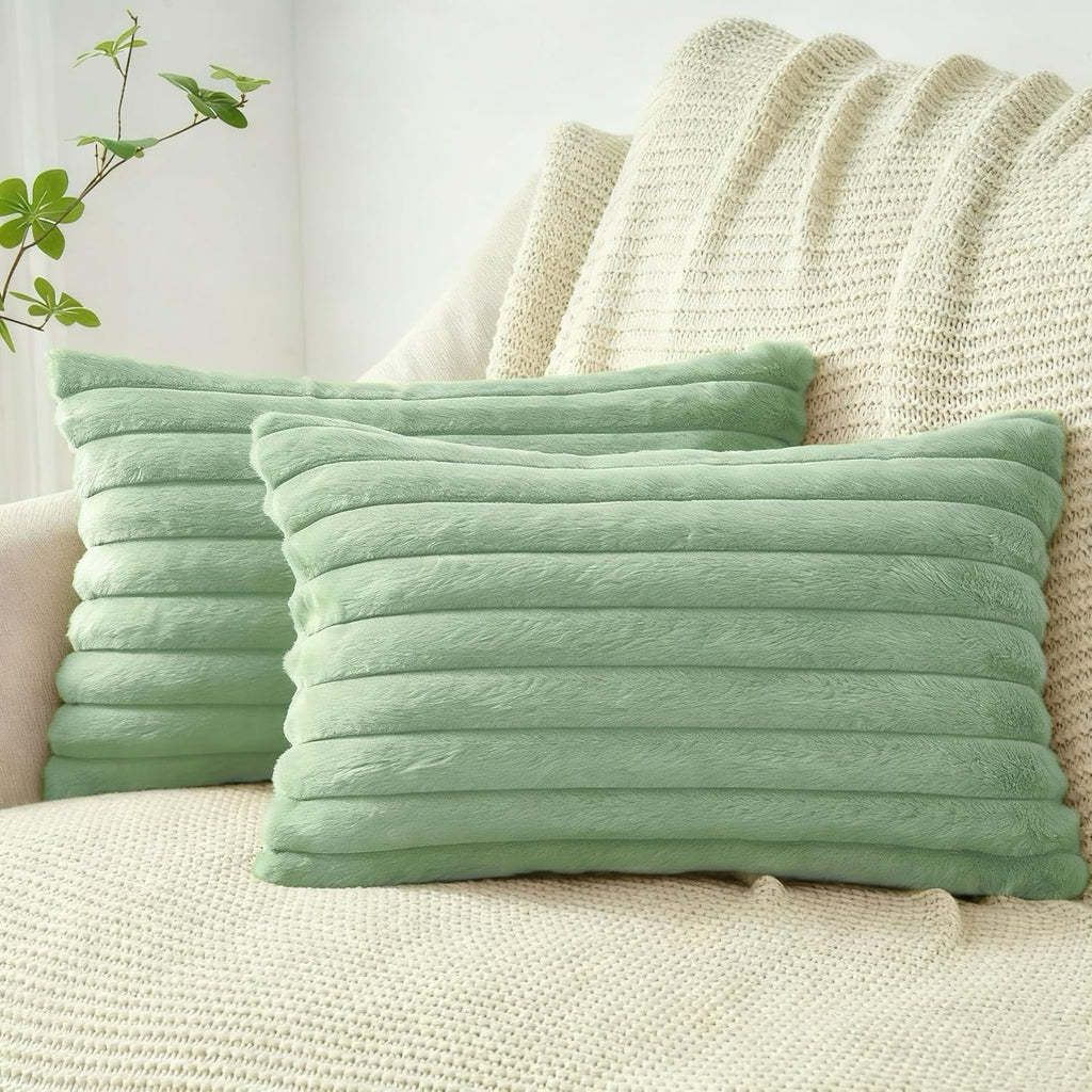 Faux Fur Cushion Covers - Twin-Pack - Sage - 30cm x 50cm