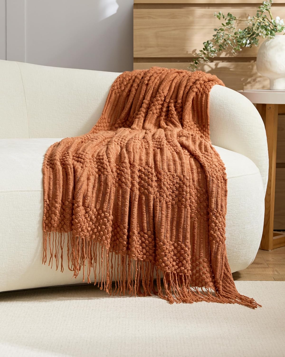 Bobble Textured Knitted Throw - Terracotta, 130x170cm