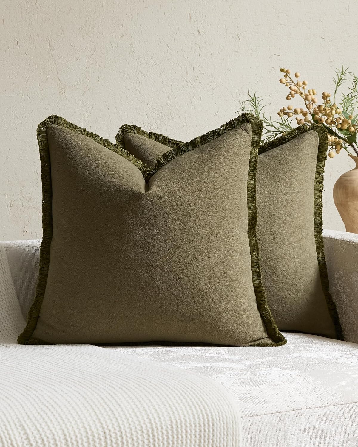 Linen-Cotton Cushion Covers with Tassels, Set of 2, Olive, 45x45cm