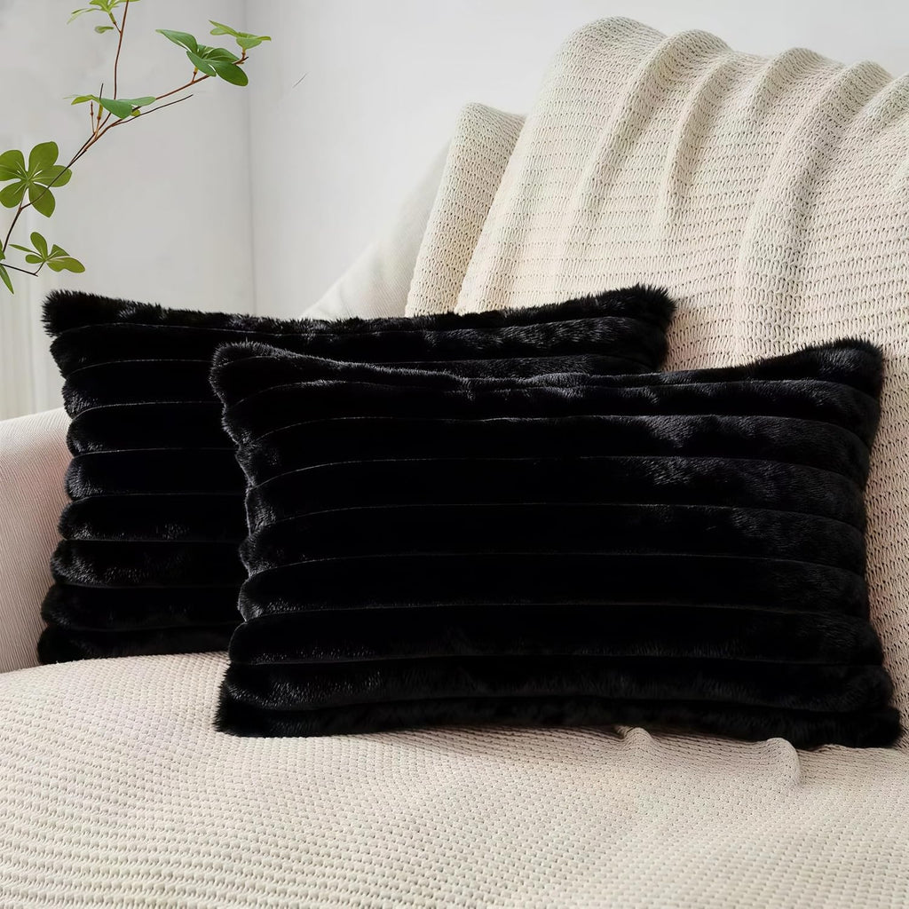 Faux Fur Cushion Covers - Twin-Pack - Black - 30cm x 50cm