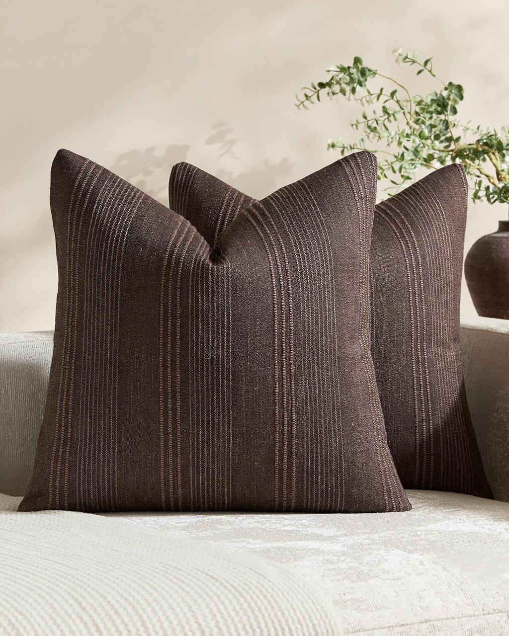 Linen Blend Striped European Pillowcases, Set of 2, Dark Brown, 65x65cm