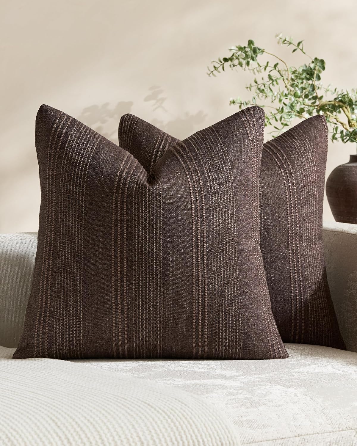 Linen Blend Striped European Pillowcases, Set of 2, Dark Brown, 65x65cm