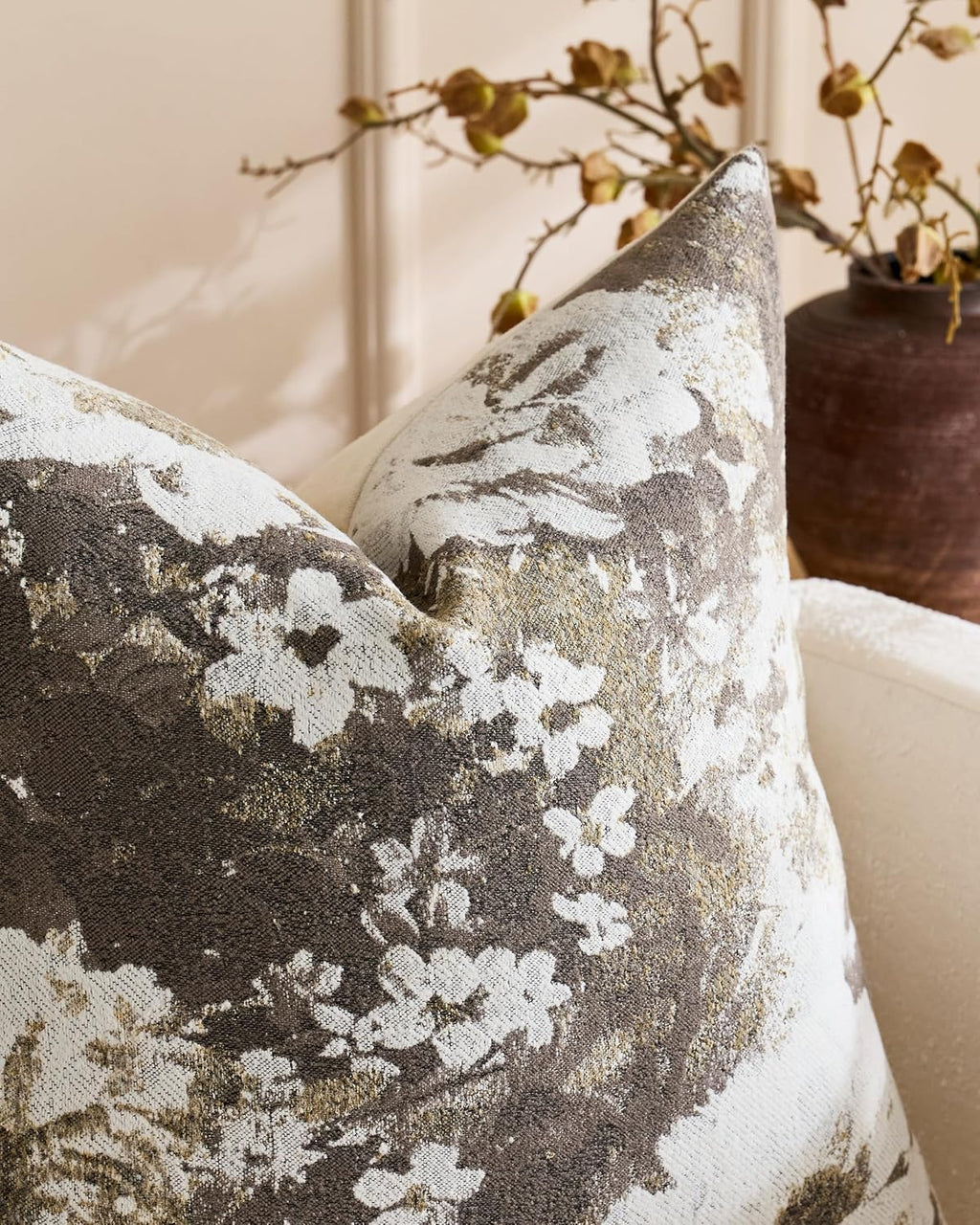 Vintage Floral Chenille Cushion Covers - Twin-Pack - Warm Taupe, 45cm x 45cm
