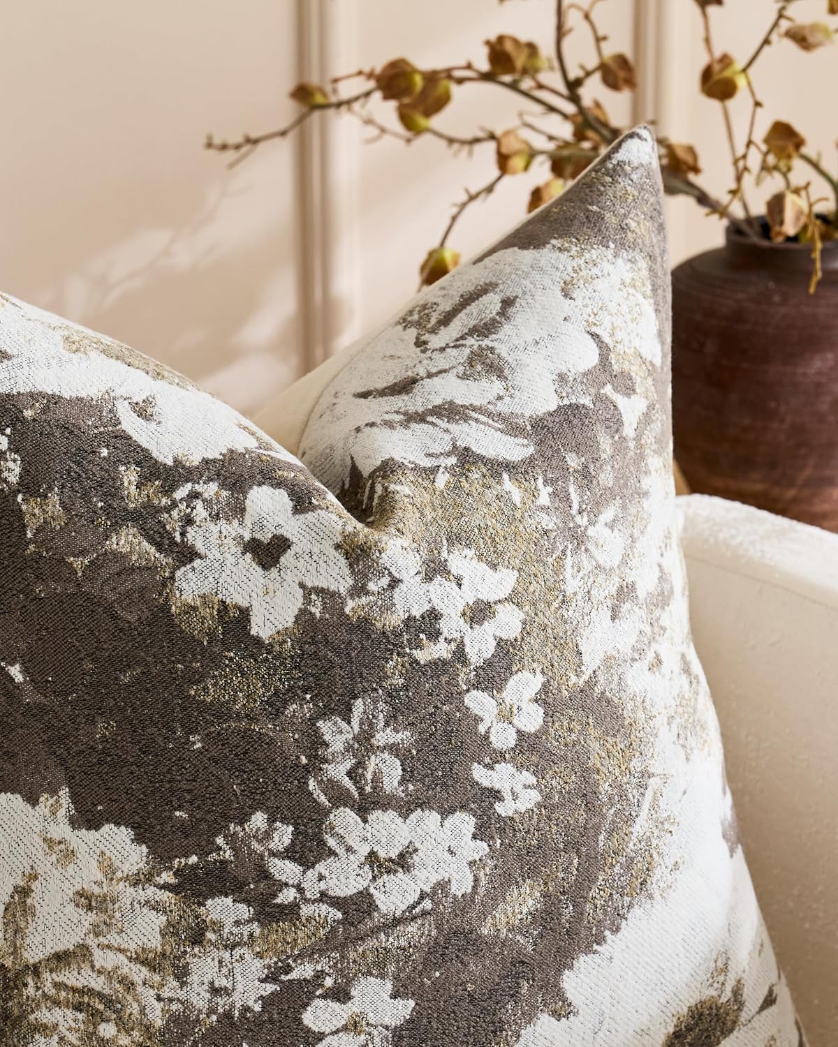 Vintage Floral Chenille Cushion Covers - Twin-Pack - Warm Taupe, 45cm x 45cm