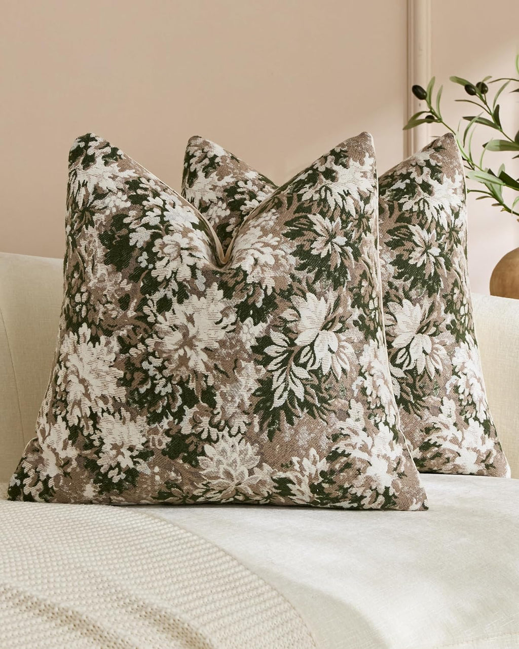 Vintage Botanical Chenille Cushion Covers - Twin-Pack - Green, 45cm x 45cm
