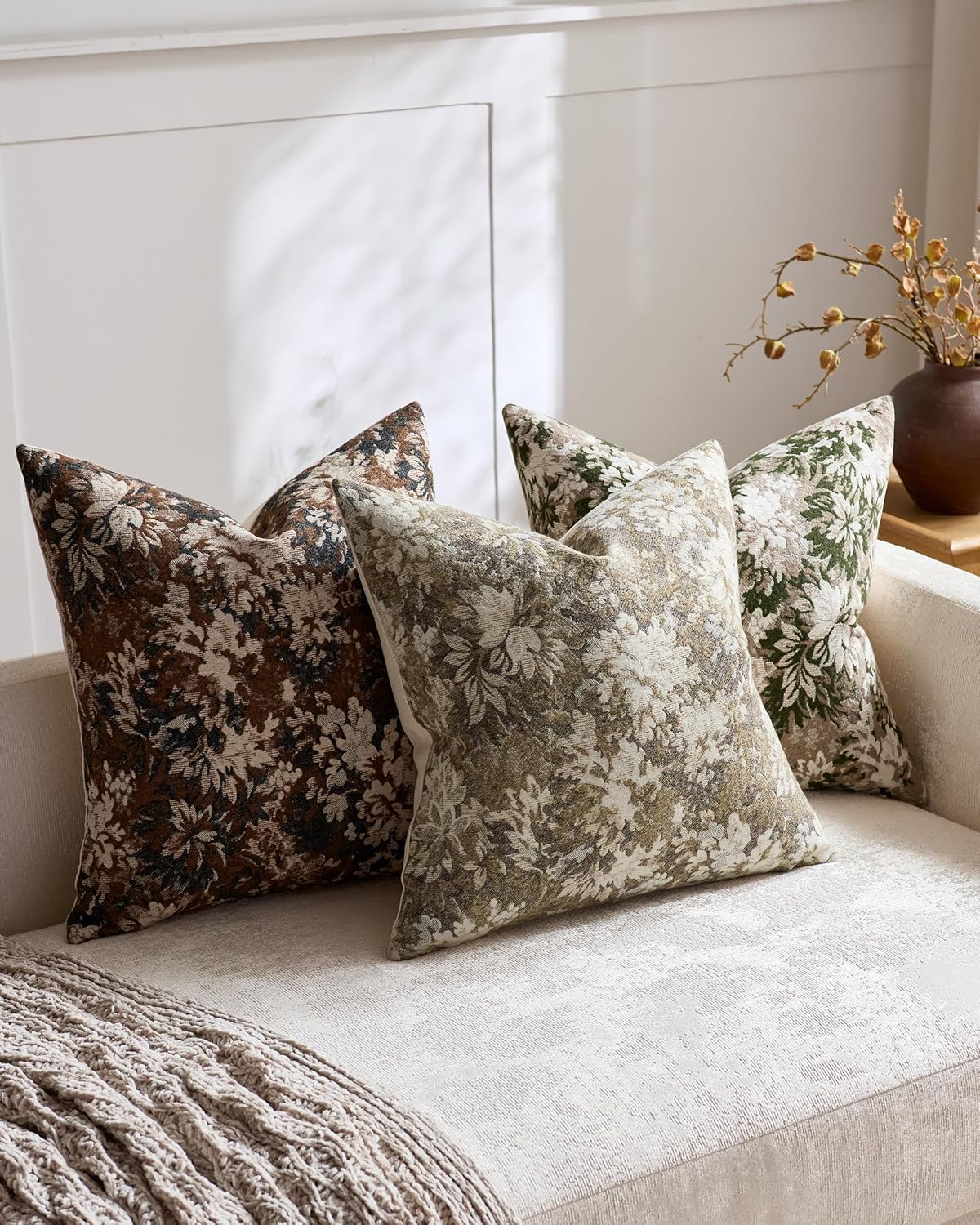 Vintage Botanical Chenille Cushion Covers - Twin-Pack - Green, 45cm x 45cm