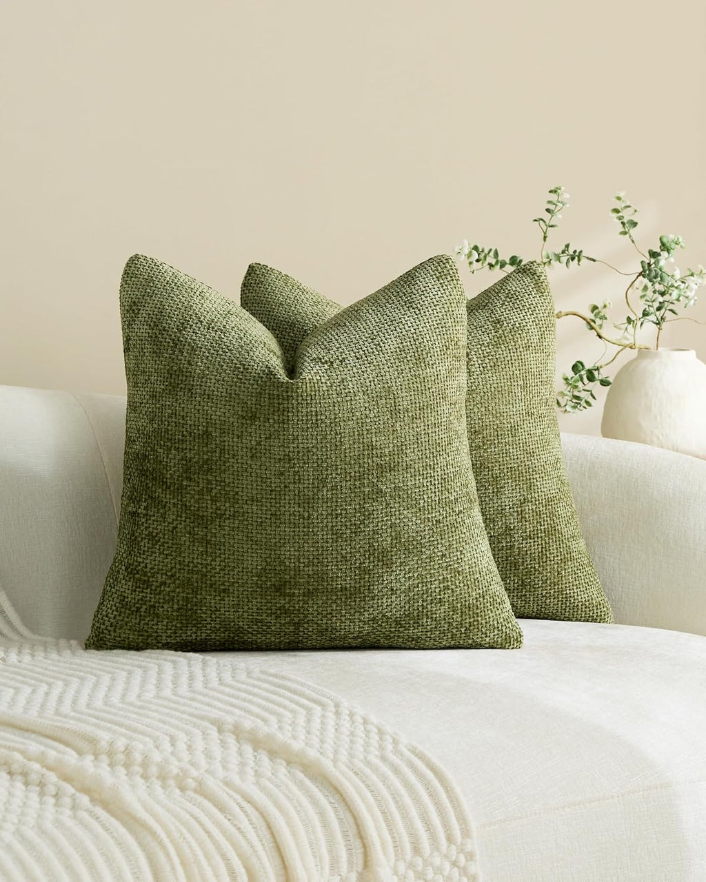 Chenille Grid - European Pillowcases - Pack of 2 - Olive Green, 65cm x 65cm