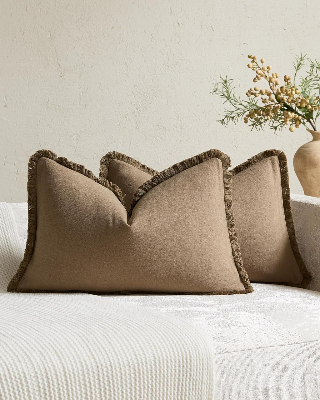 Linen-Cotton Cushion Covers with Tassels, Set of 2, Taupe, 30x50cm