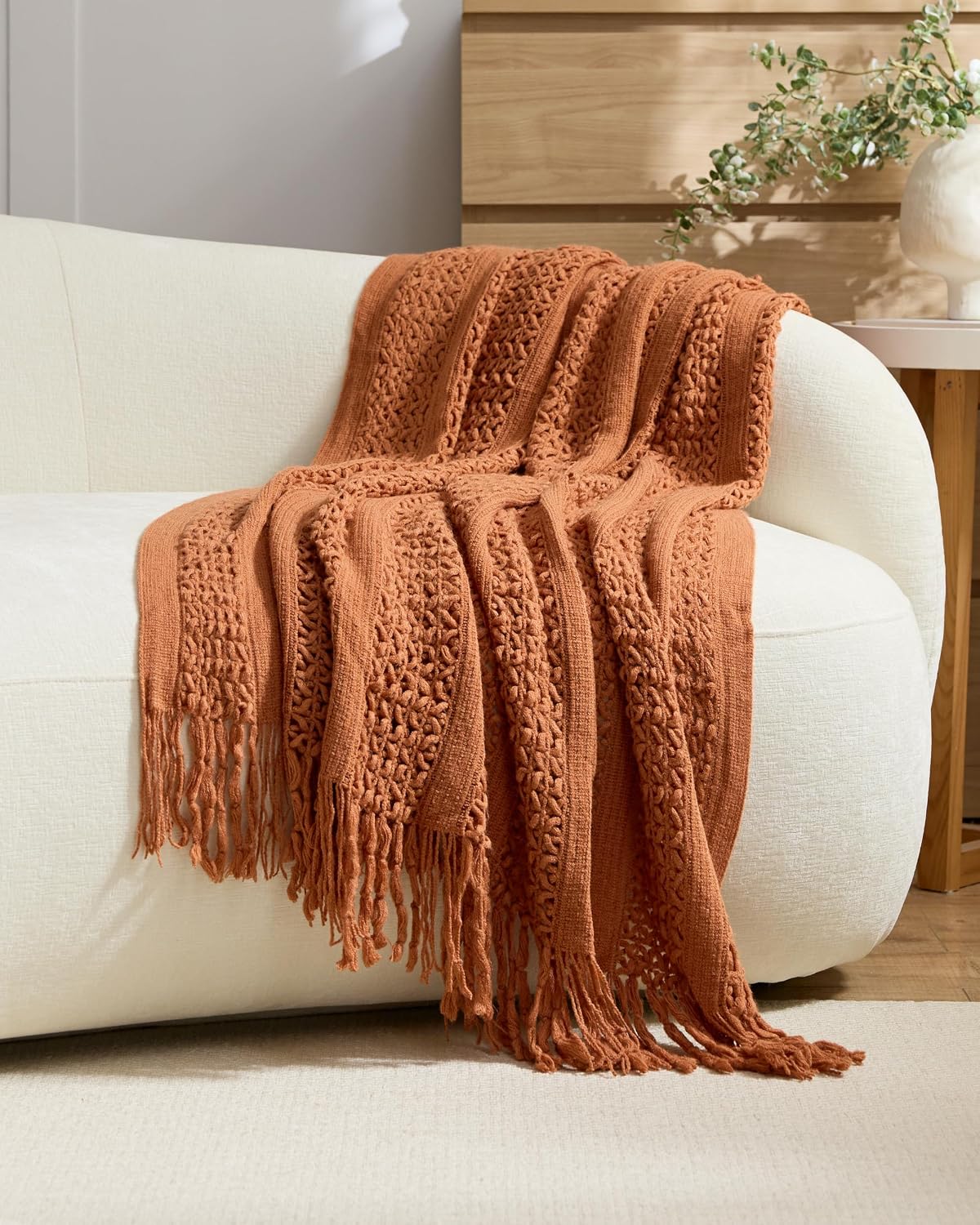 Boho Open-Knitted Throw - Terracotta, 130x170cm