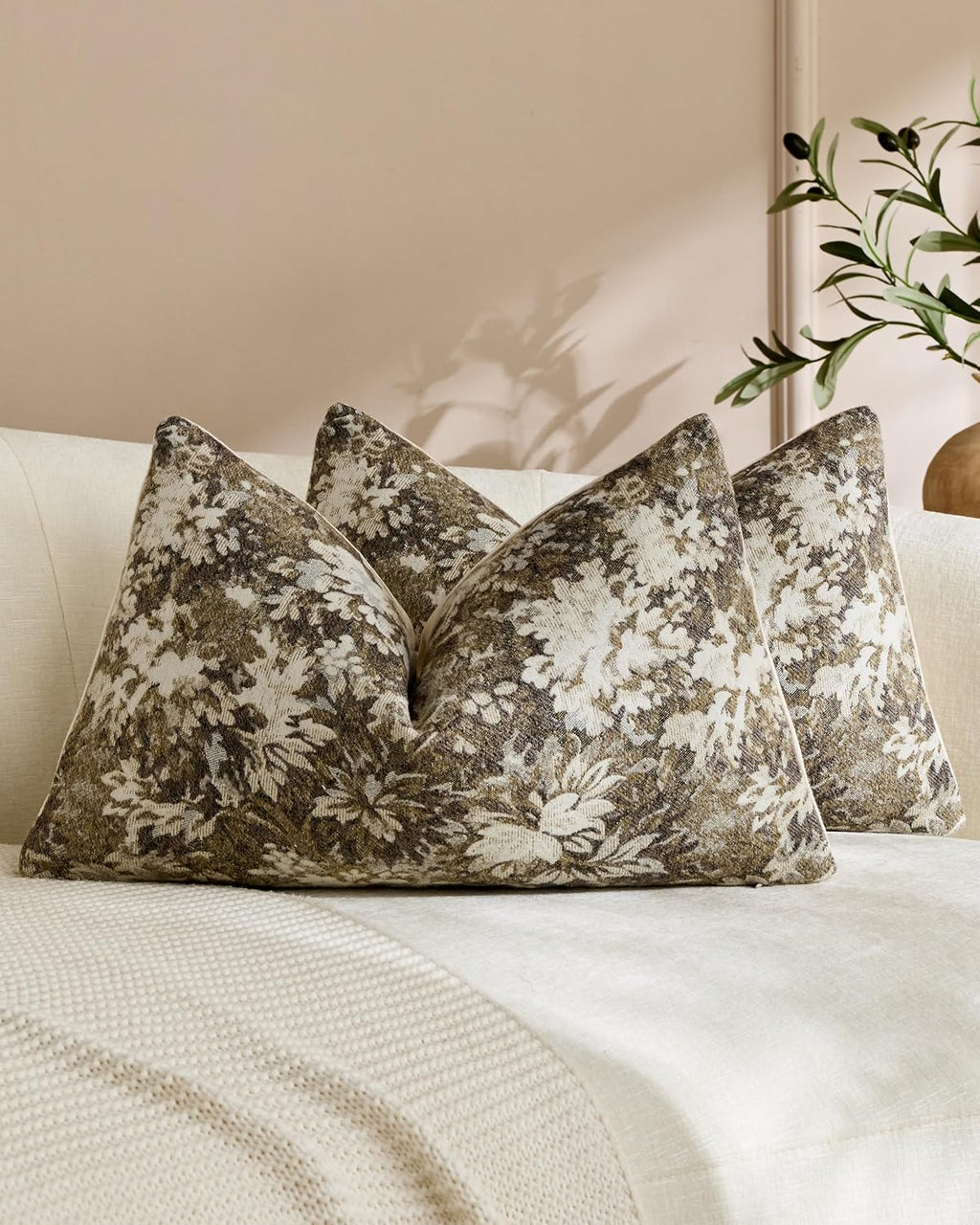 Vintage Botanical Chenille Cushion Covers - Twin-Pack - Beige, 30cm x 50cm