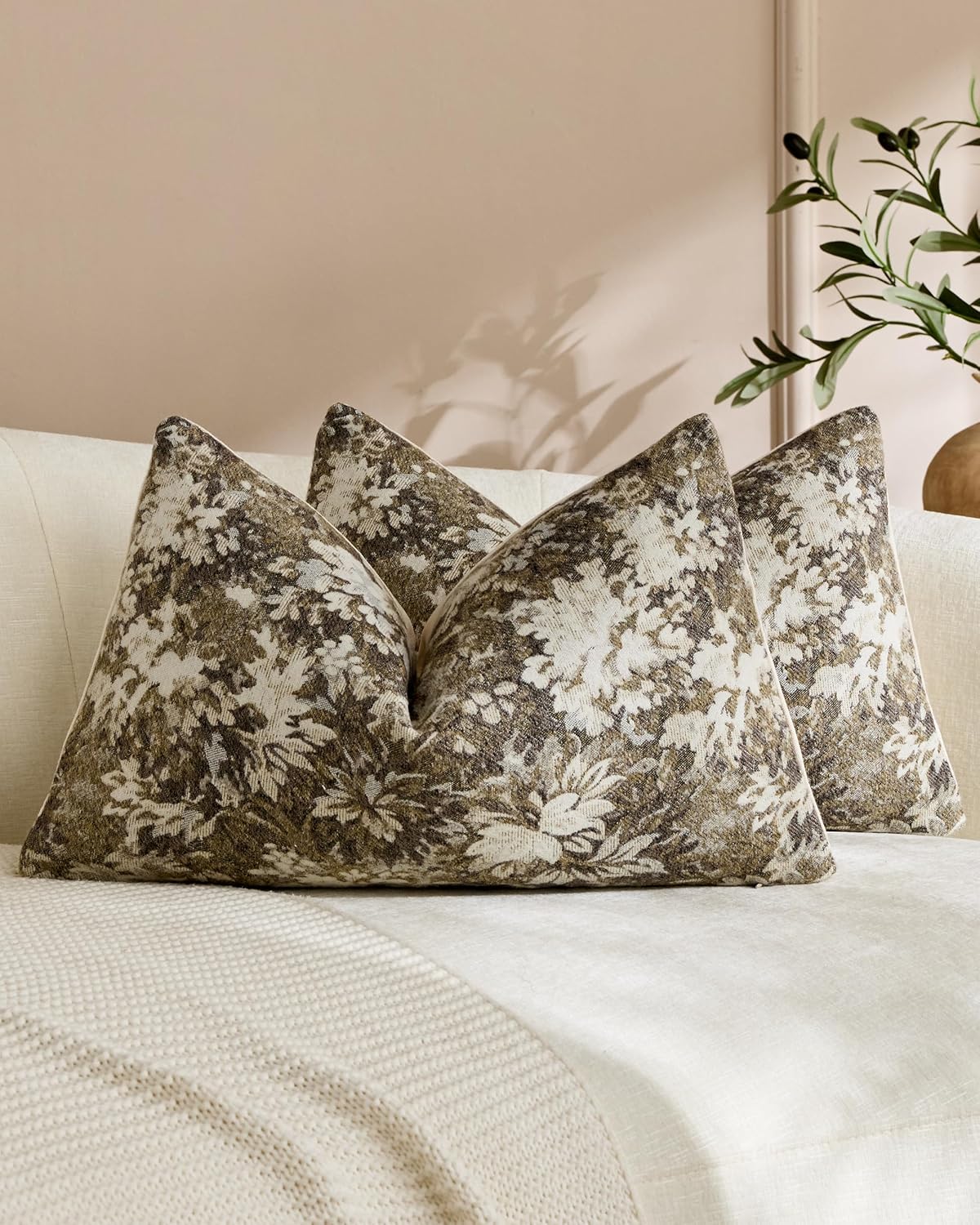 Vintage Botanical Chenille Cushion Covers - Twin-Pack - Beige, 30cm x 50cm