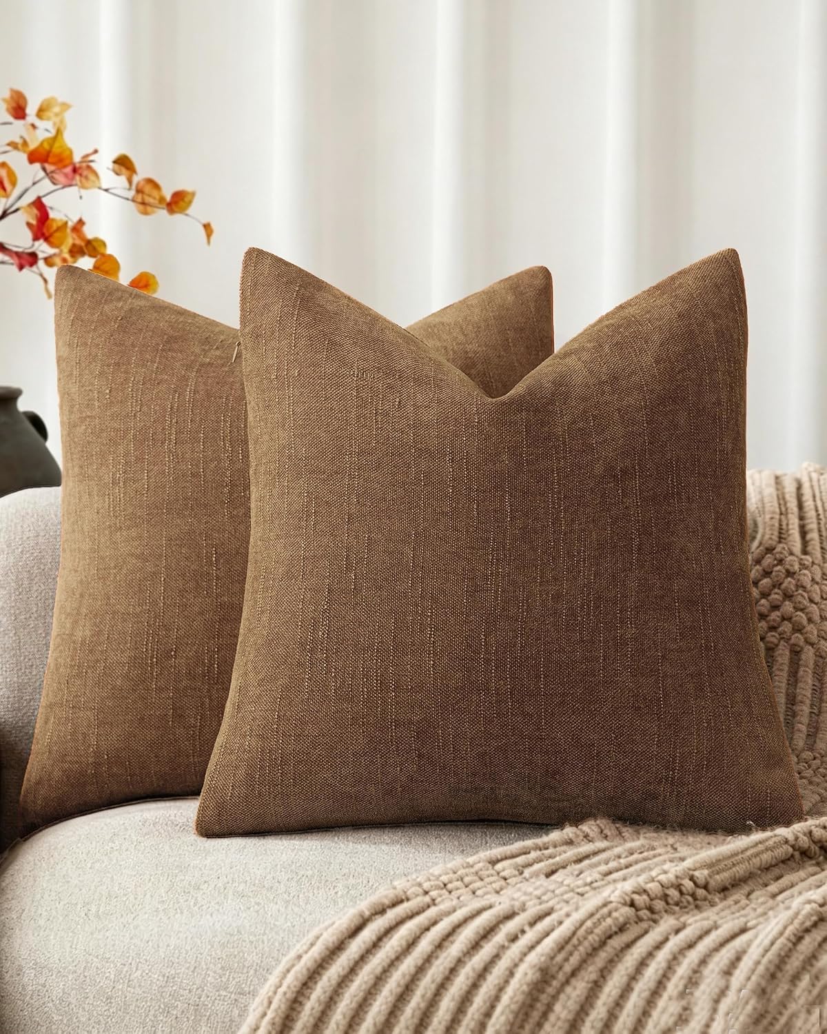 Chenille Haze-Textured Cushion Covers - Pack of 2 - Mocha Mousse, 45cm x 45cm