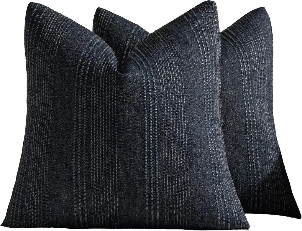 Linen Blend Striped European Pillowcases, Set of 2, Blue, 65x65cm