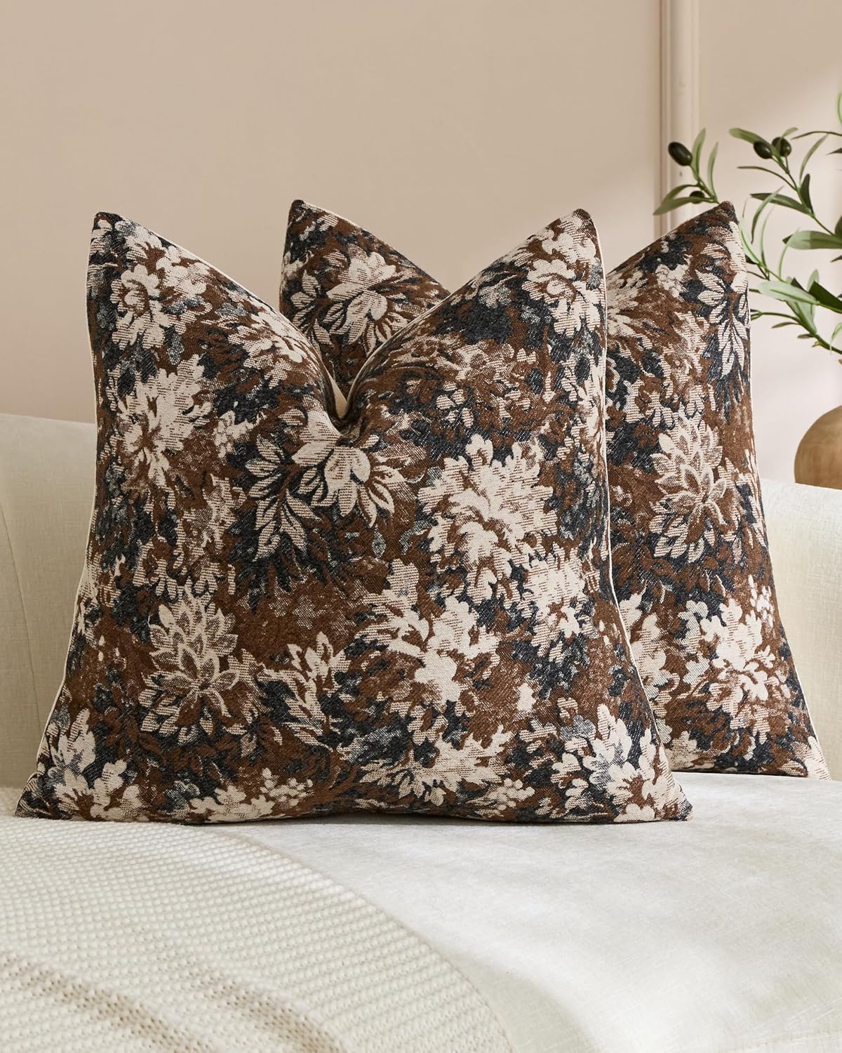 Vintage Botanical Chenille Cushion Covers - Twin-Pack - Brown, 45cm x 45cm