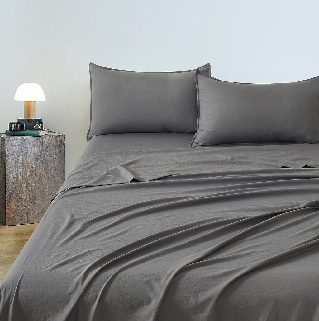 Vintage Washed Microfibre Sheet Set with Pillowcases - Grey