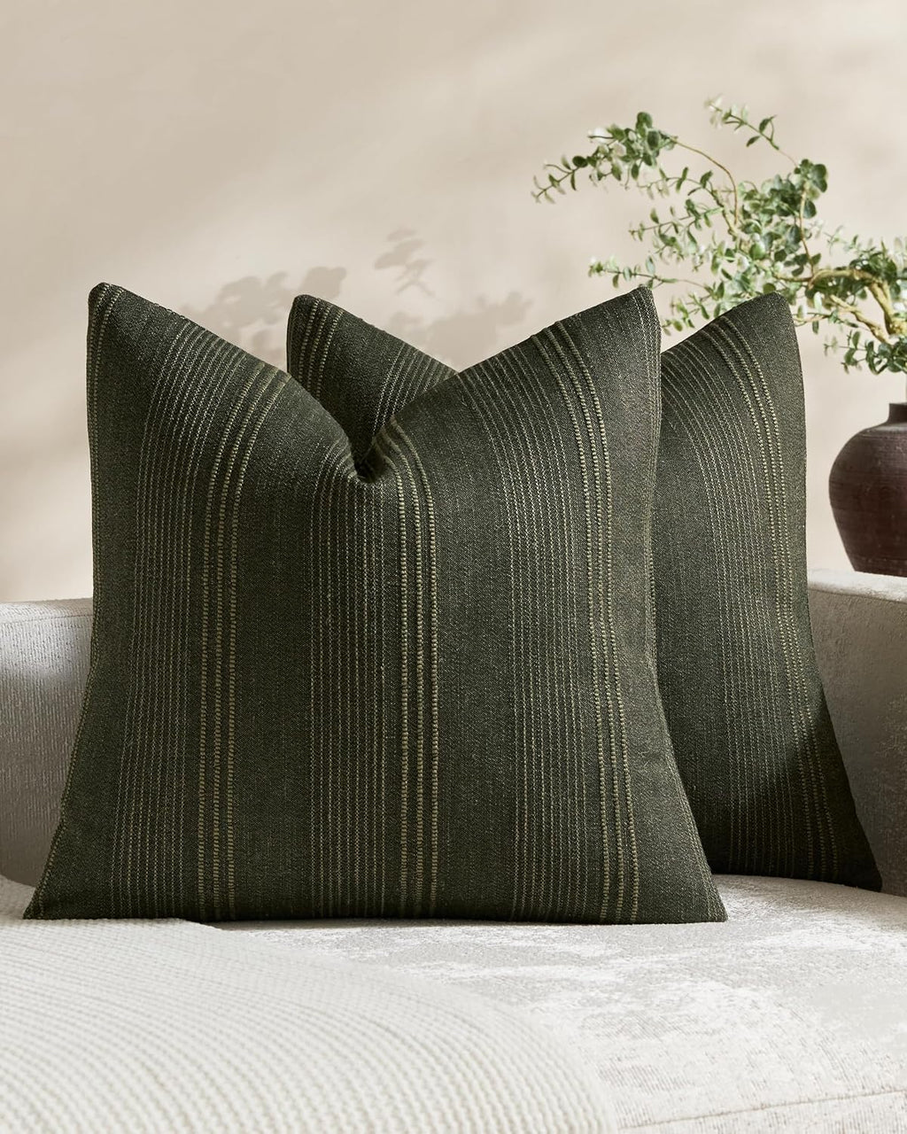 Linen Blend Striped Cushion Covers, Set of 2, Olive, 45x45cm