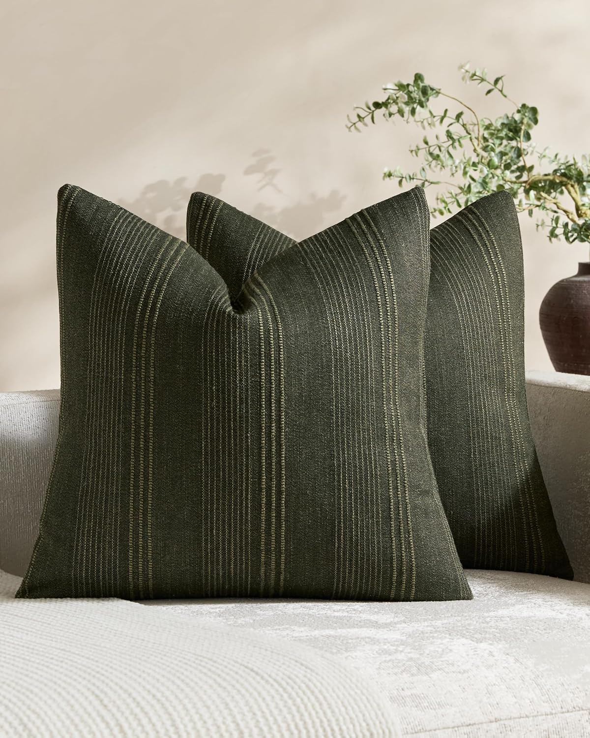 Linen Blend Striped European Pillowcases, Set of 2, Olive, 65x65cm