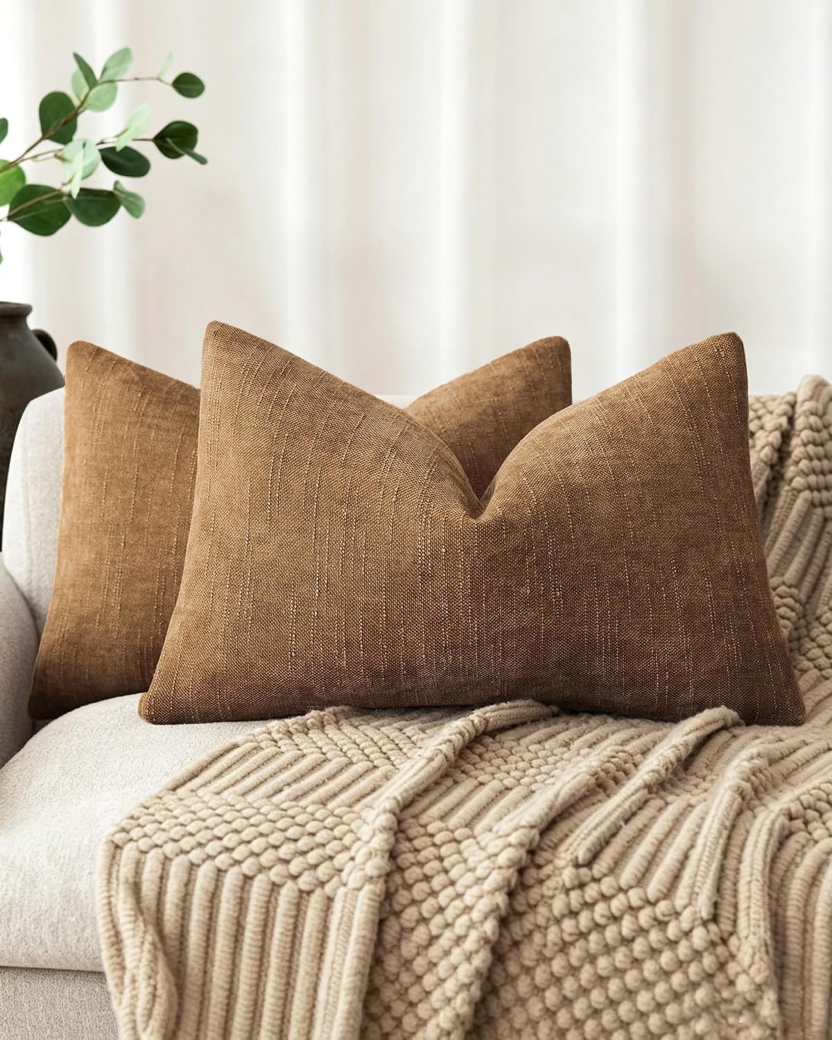 Chenille Haze-Textured Cushion Covers - Pack of 2 - Mocha Mousse, 30cm x 50cm