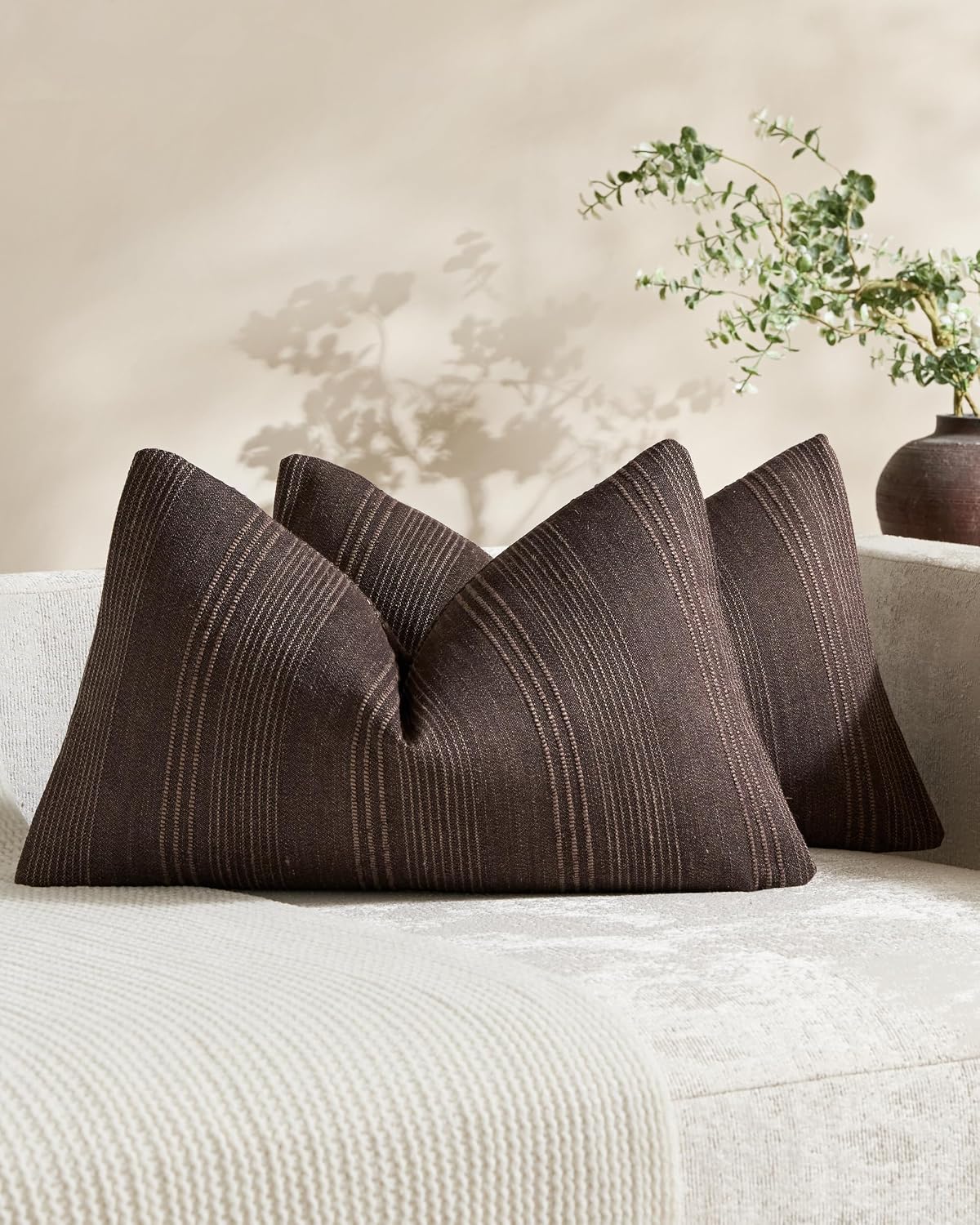 Linen Blend Striped Cushion Covers, Set of 2, Dark Brown, 30x50cm
