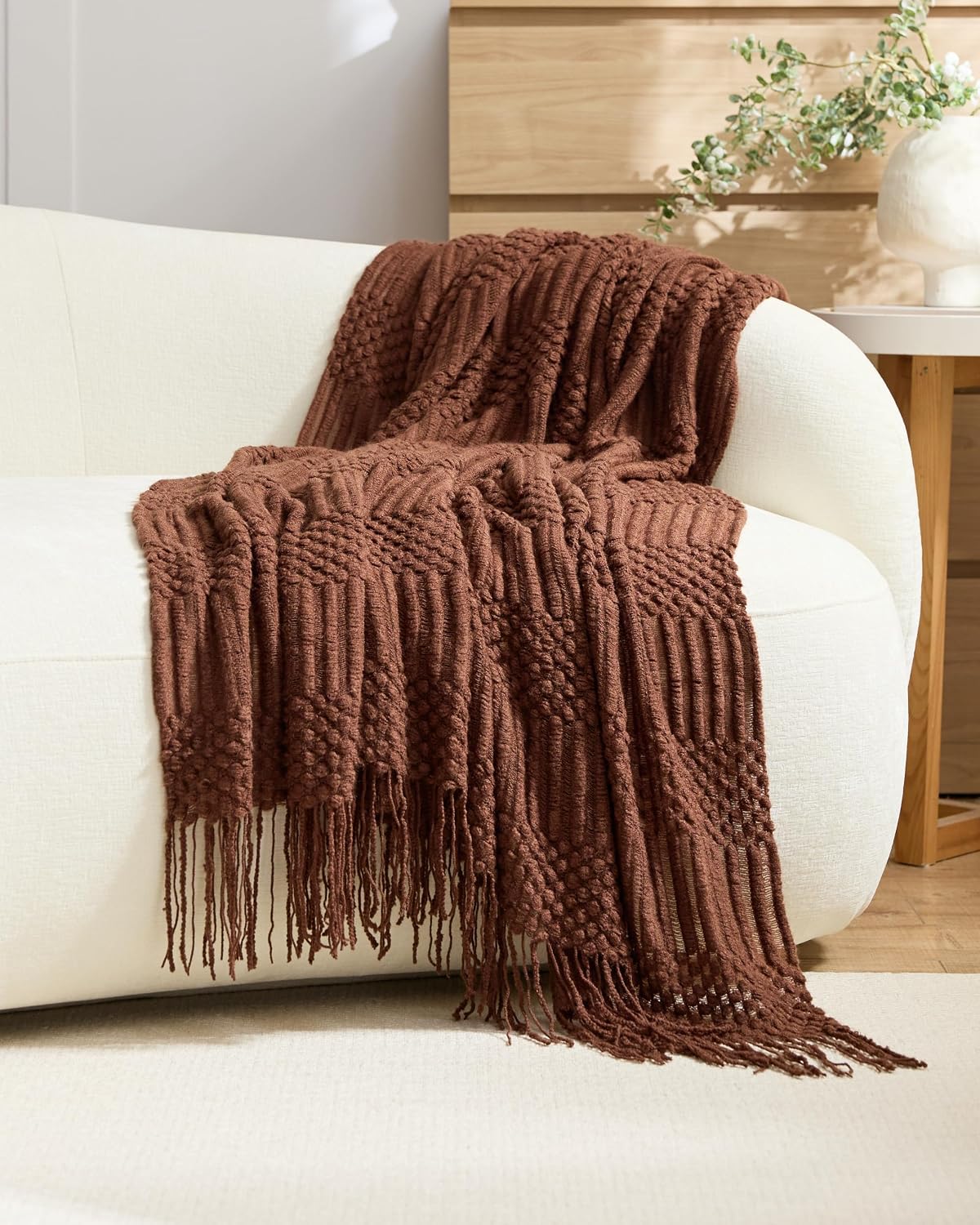 Bobble Textured Knitted Throw - Brown, 130x170cm