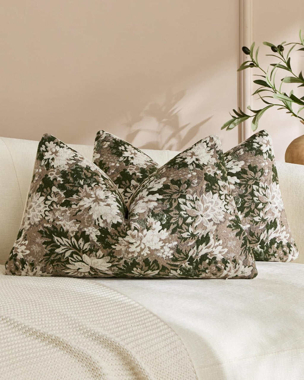 Vintage Botanical Chenille Cushion Covers - Twin-Pack - Green, 30cm x 50cm