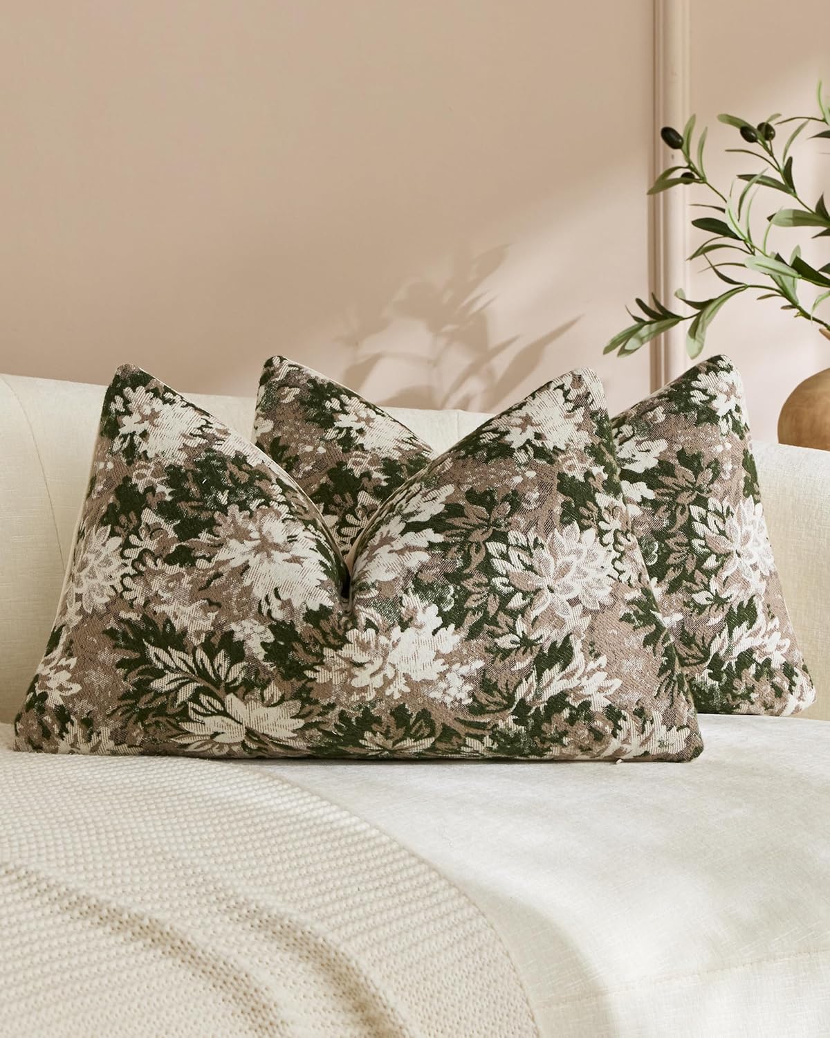 Vintage Botanical Chenille Cushion Covers - Twin-Pack - Green, 30cm x 50cm