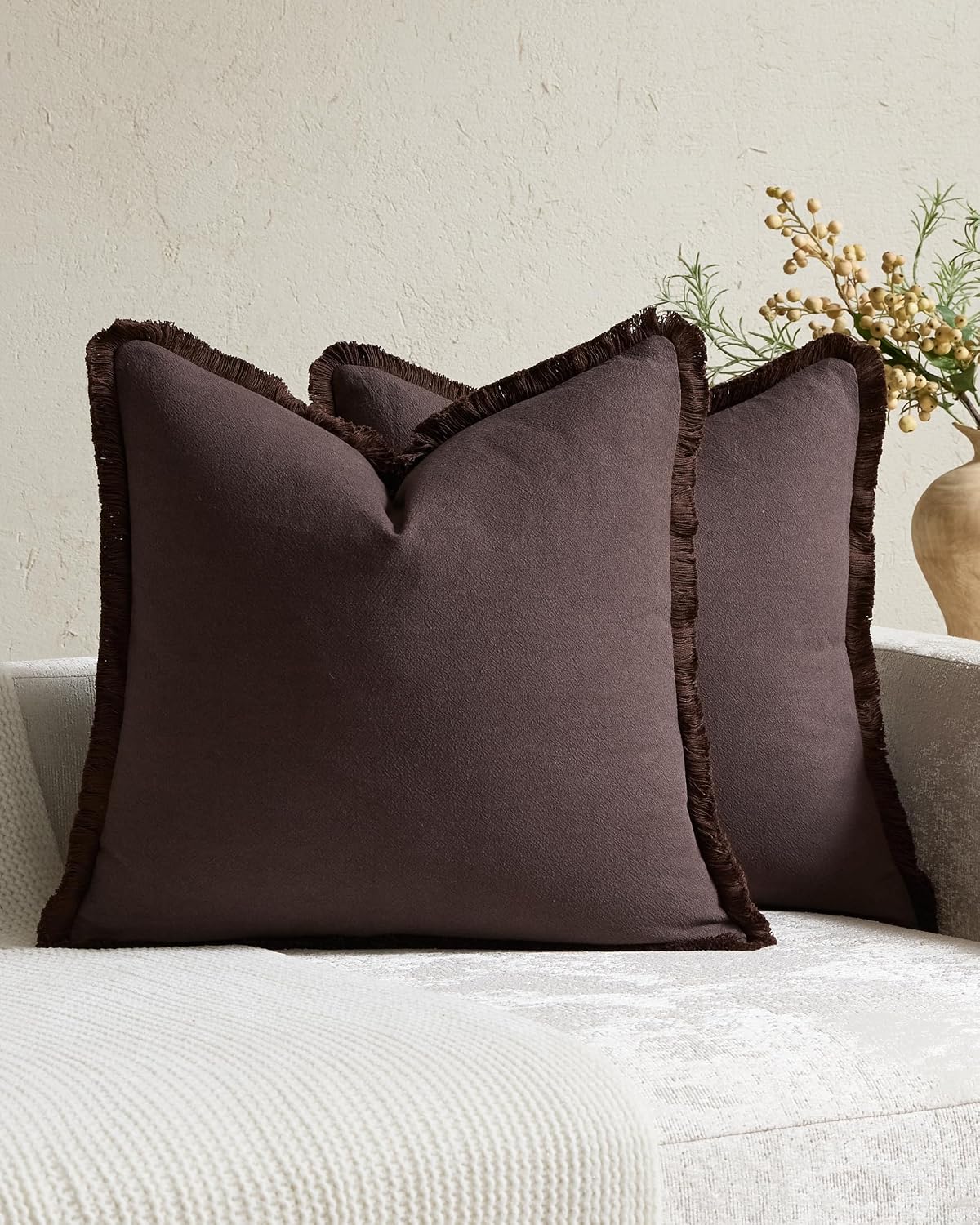Linen-Cotton Cushion Covers with Tassels, Set of 2, Dark Brown, 45x45cm