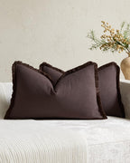 Linen-Cotton Cushion Covers with Tassels, Set of 2, Dark Brown, 30x50cm