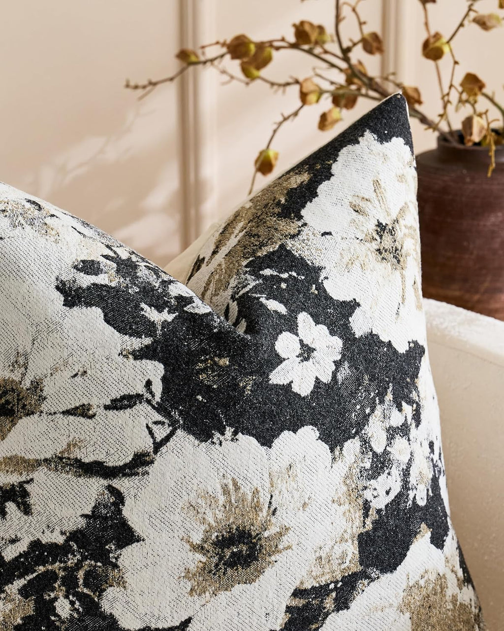 Vintage Floral Chenille Cushion Covers - Twin-Pack - Black, 45cm x 45cm