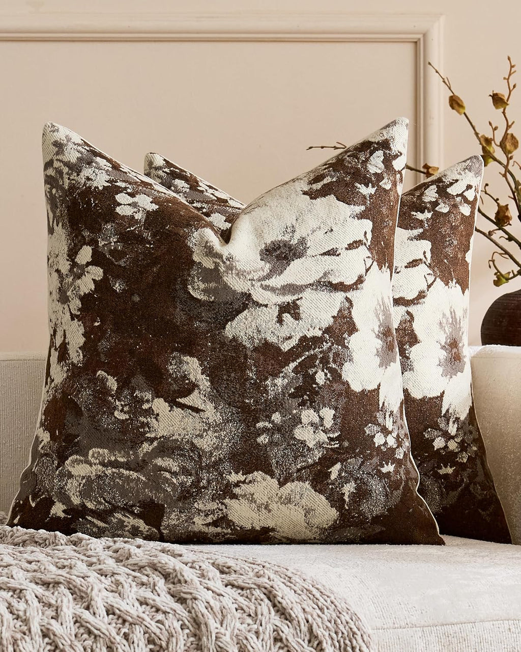 Vintage Floral Chenille Cushion Covers - Twin-Pack - Brown, 45cm x 45cm