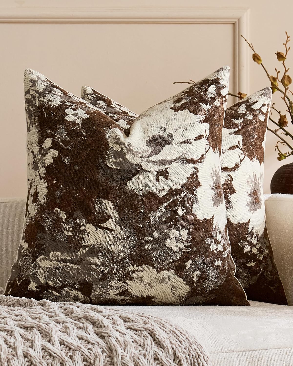 Vintage Floral Chenille Cushion Covers - Twin-Pack - Brown, 45cm x 45cm