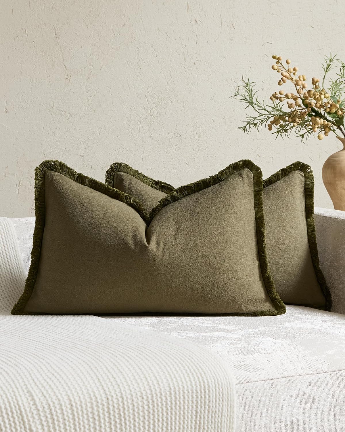 Linen-Cotton Cushion Covers with Tassels, Set of 2, Olive, 30x50cm