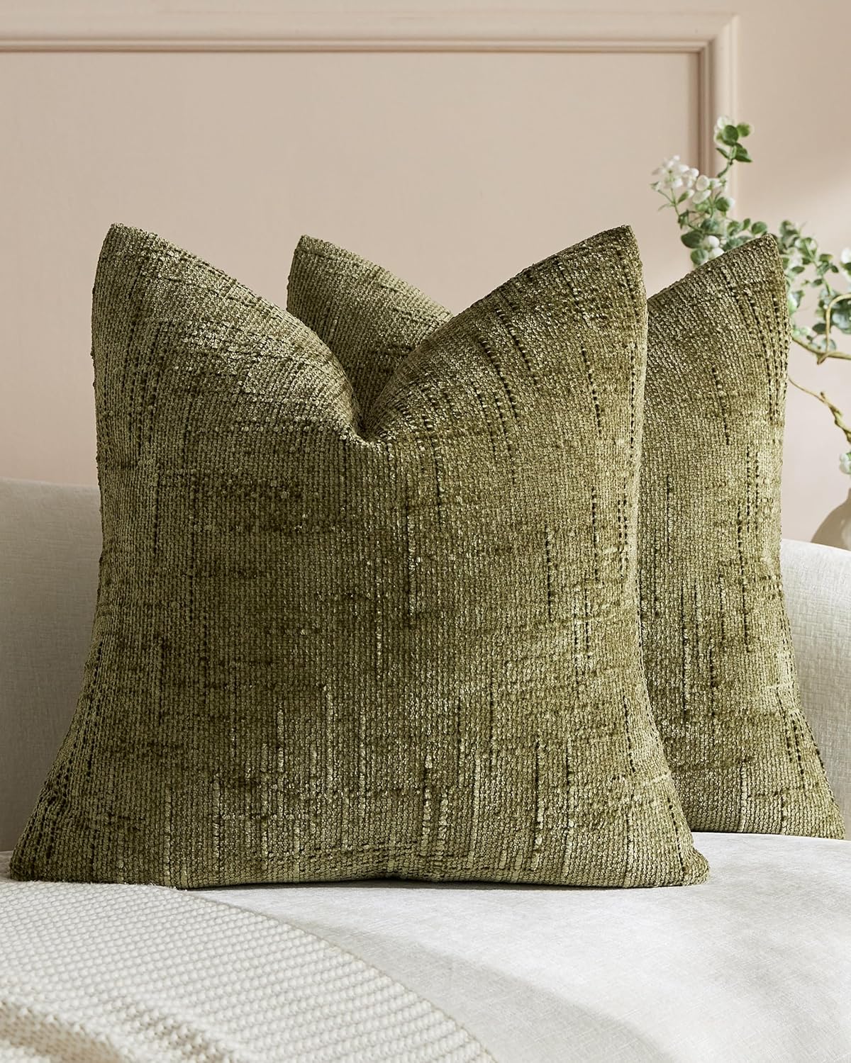 Chenille-Textured Cushion Covers - Twin-Pack - Olive Green, 45cm x 45cm