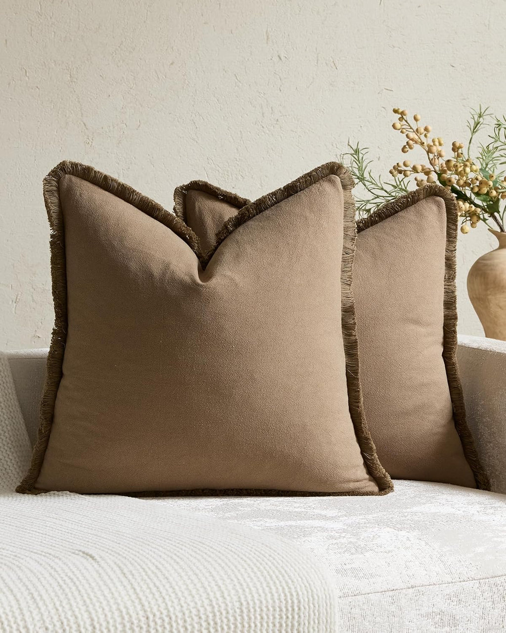 Linen-Cotton Cushion Covers with Tassels, Set of 2, Taupe, 45x45cm