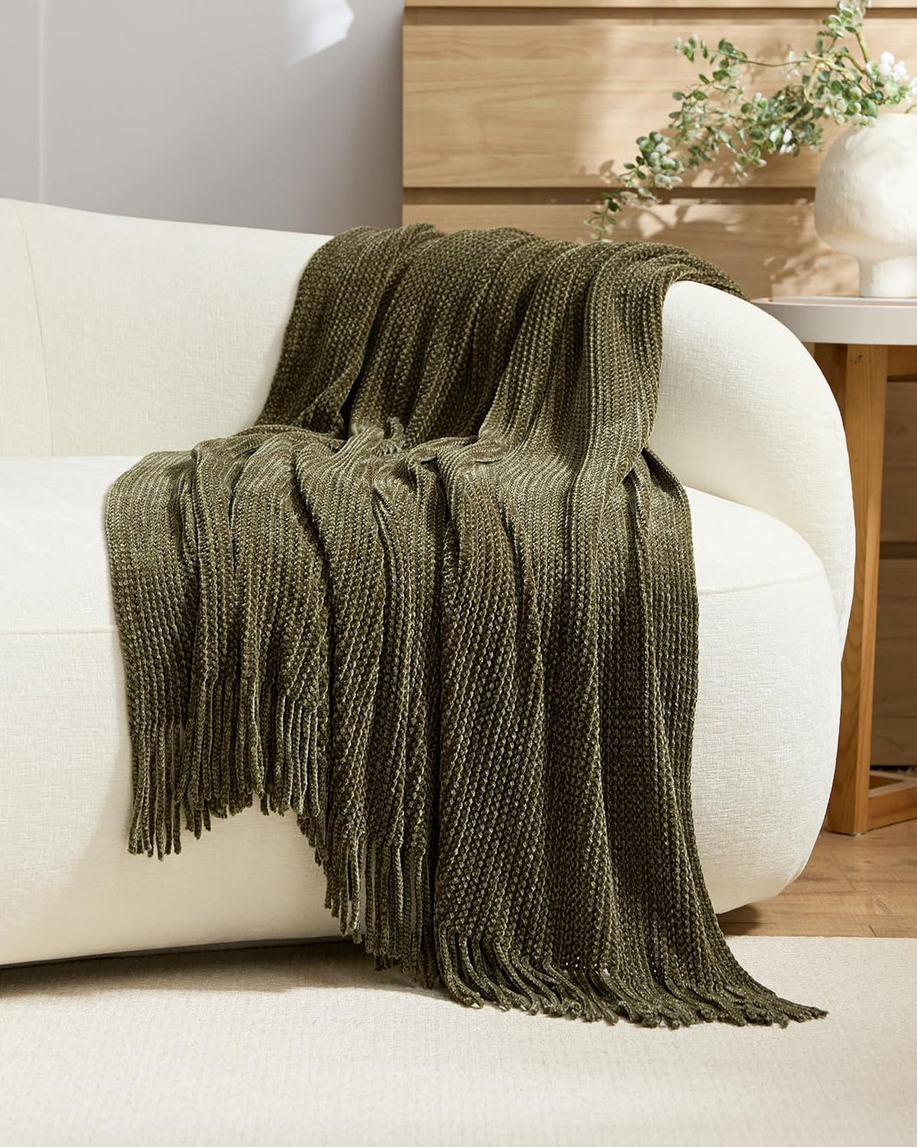 Chenille Knitted Throw - Khaki Green, 130x170cm