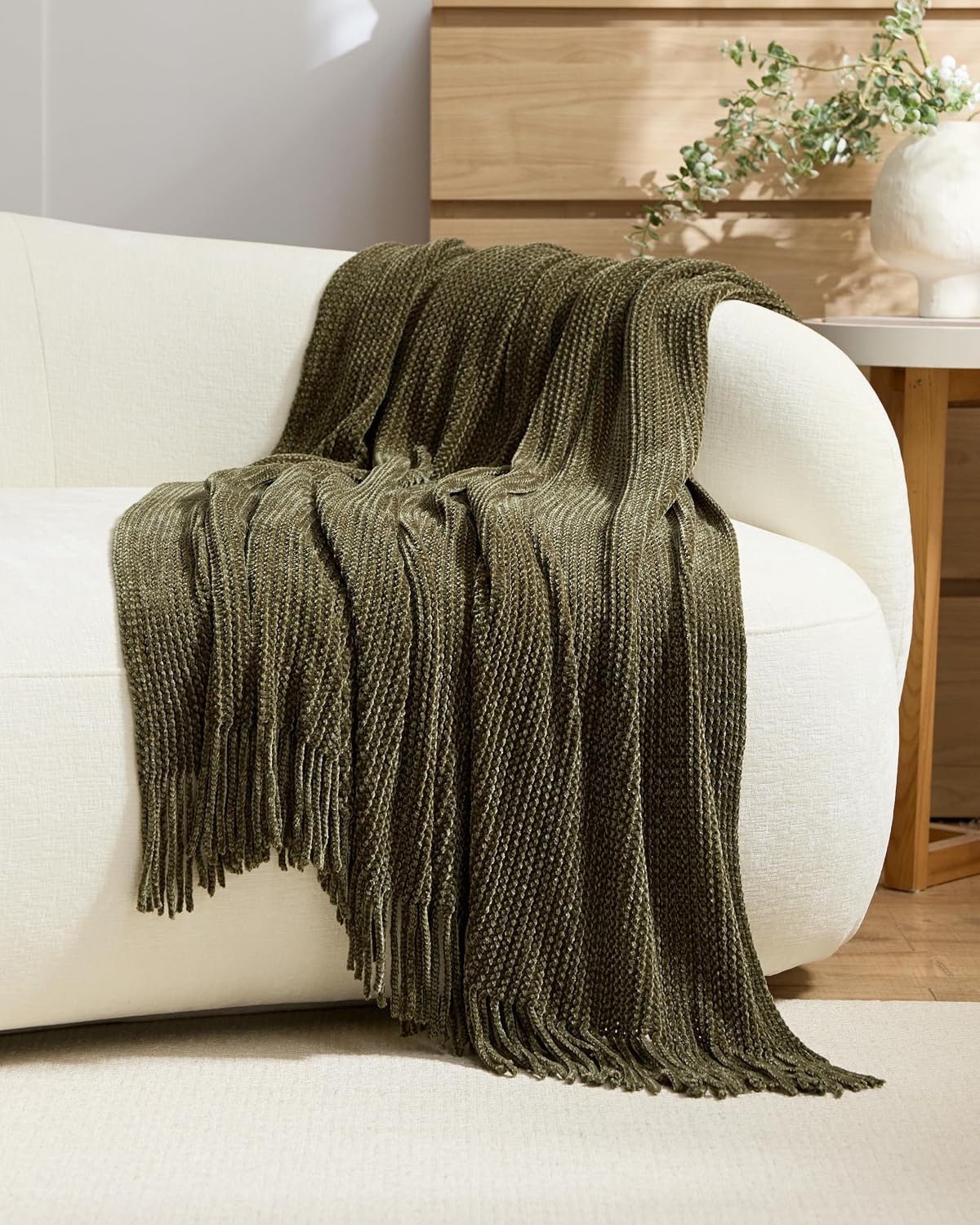 Chenille Knitted Throw - Khaki Green, 130x170cm