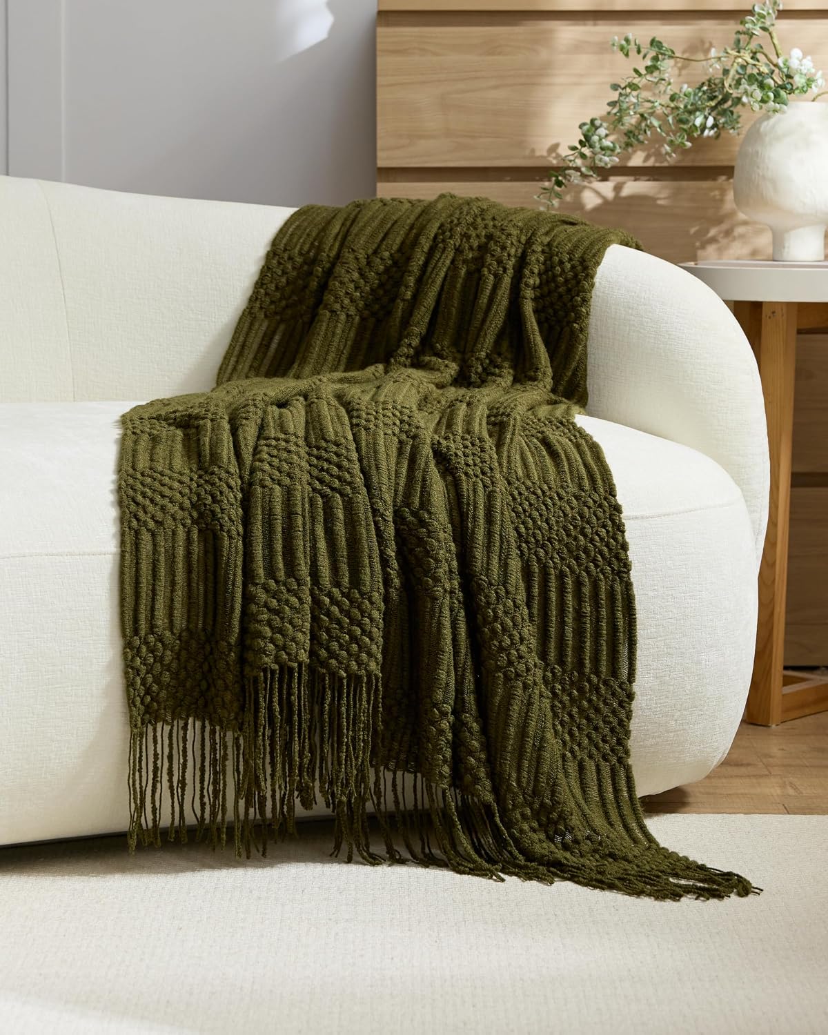 Bobble Textured Knitted Throw - Khaki Green, 130x170cm