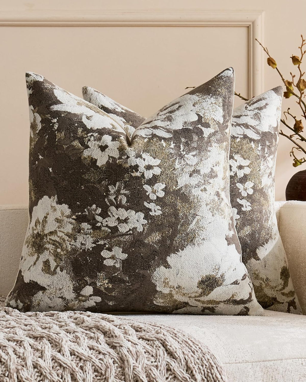 Vintage Floral Chenille Cushion Covers - Twin-Pack - Warm Taupe, 45cm x 45cm