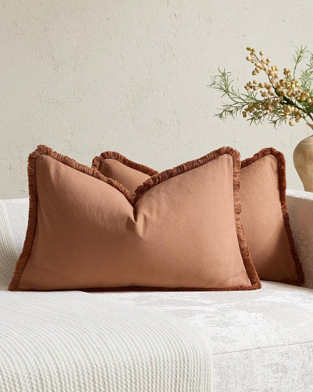 Linen-Cotton Cushion Covers with Tassels, Set of 2, Terracotta, 30x50cm
