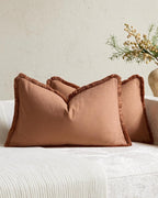 Linen-Cotton Cushion Covers with Tassels, Set of 2, Terracotta, 30x50cm