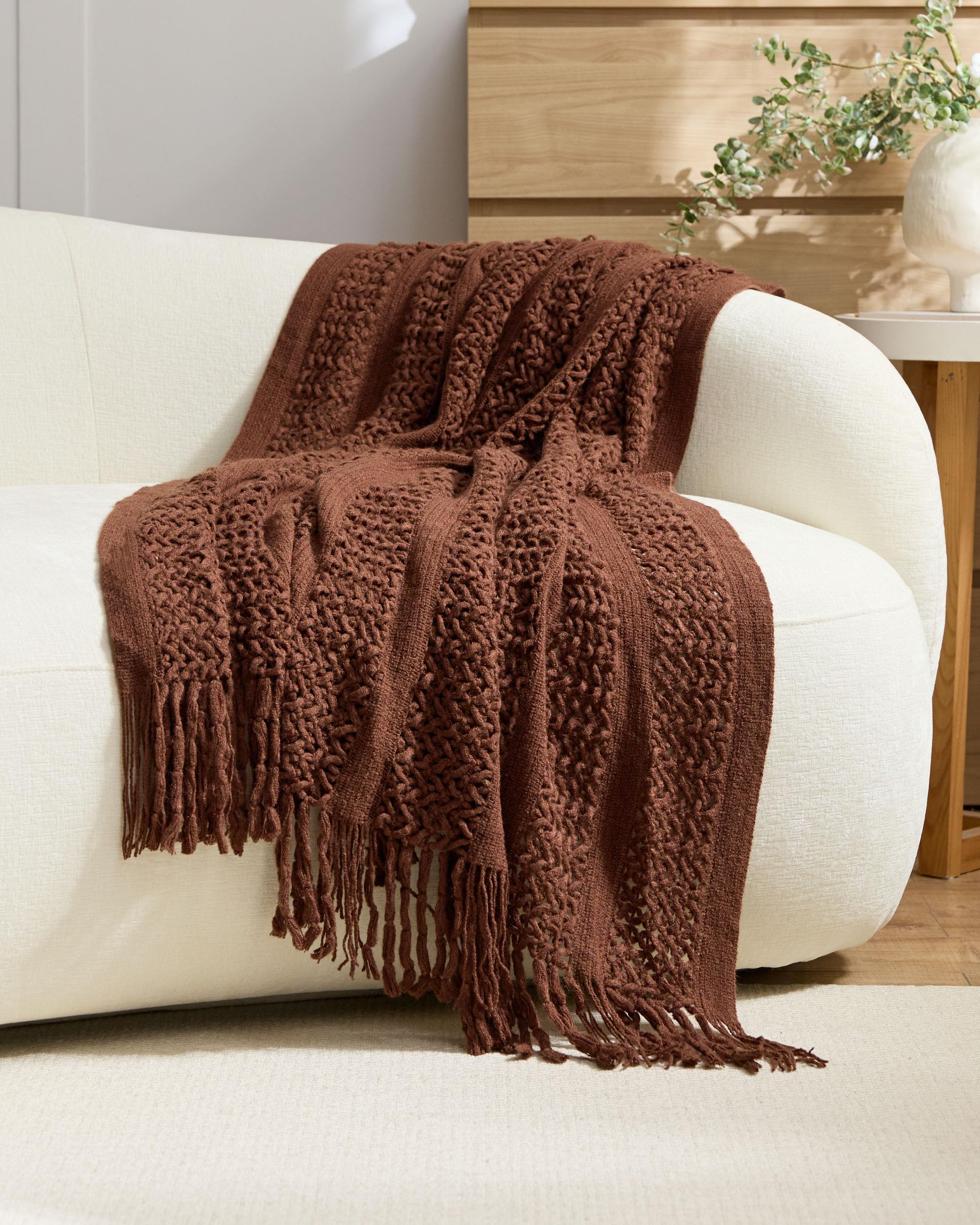 Boho Open-Knitted Throw - Brown, 130x170cm