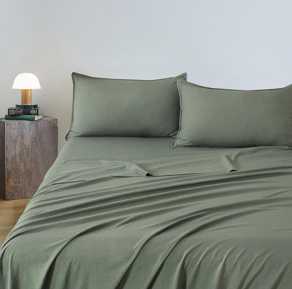 Vintage Washed Microfibre Sheet Set with Pillowcases - Khaki Green