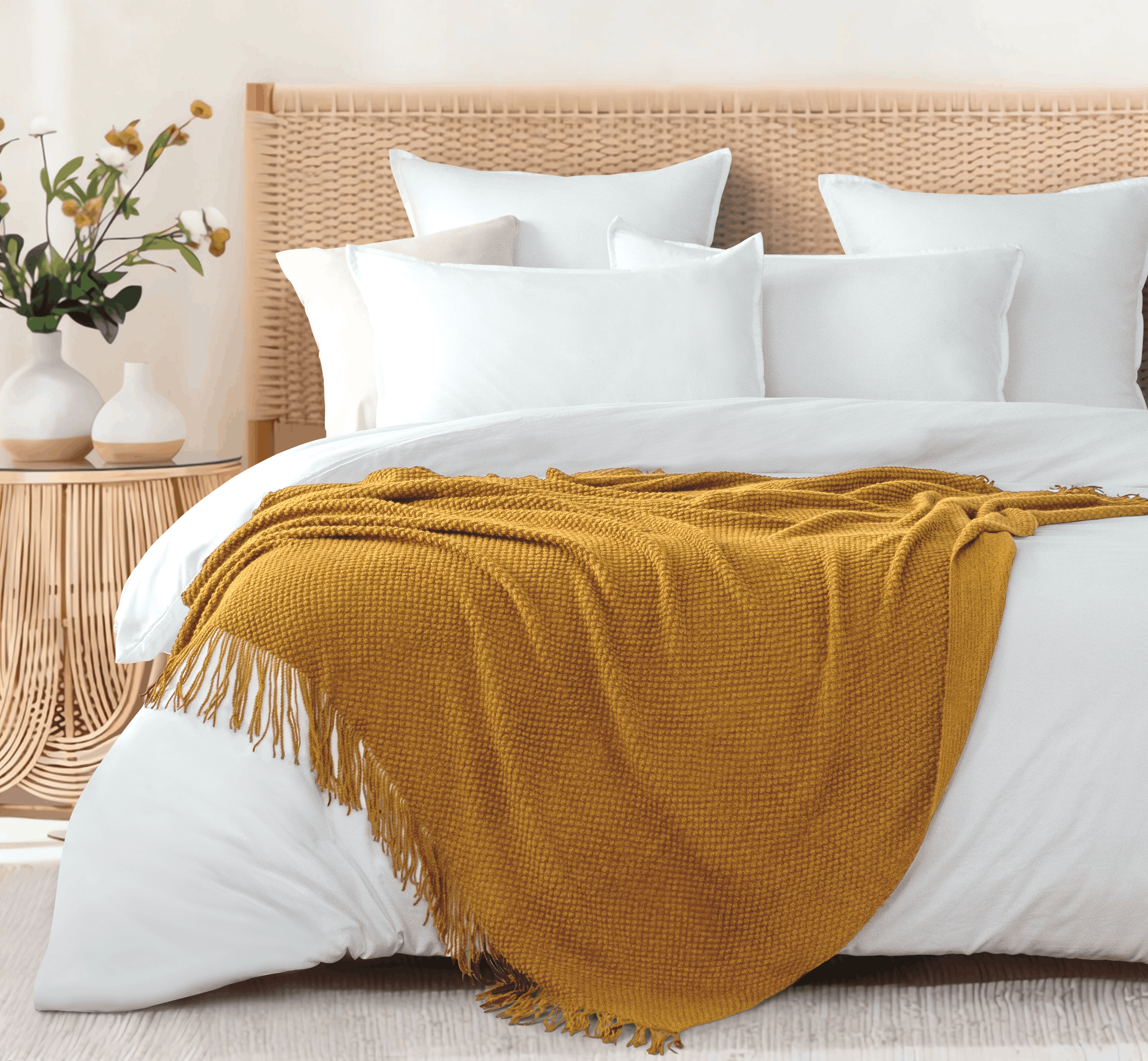 Micro Plush Knitted Woven Throw Blanket - Mustard